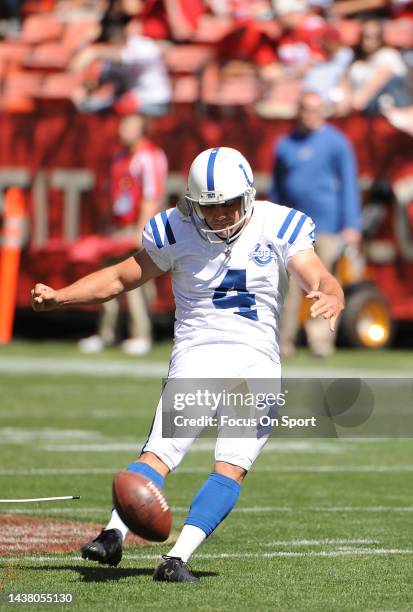 Adam Vinatieri of the Indianapolis Colt warms up during pregame warm ups prior to playing the San Francisco 49ers in an NFL football game September...