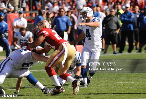 Adam Vinatieri of the Indianapolis Colt kicks a field goal against the San Francisco 49ers during an NFL football game on September 22, 2013 at...