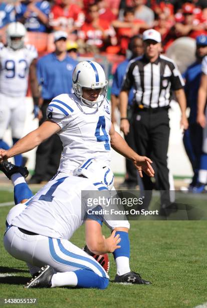 Adam Vinatieri of the Indianapolis Colt kicks a field goal against the San Francisco 49ers during an NFL football game on September 22, 2013 at...
