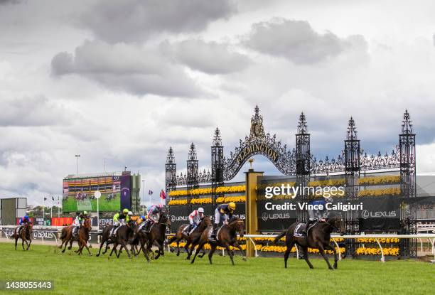 Mark Zahra riding Gold Trip winning Race 7, the Lexus Melbourne Cup, during 2022 Lexus Melbourne Cup Day at Flemington Racecourse on November 01,...