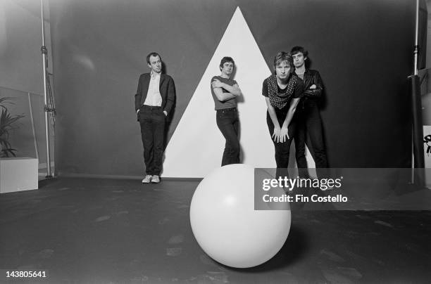 English band XTC posed in Parsons Green, London in March 1978. Left to right: Keyboard player Barry Andrews, drummer Terry Chambers, guitarist Andy...