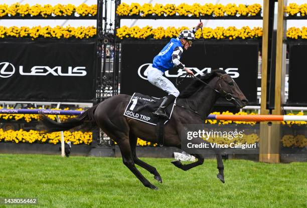 Mark Zahra riding Gold Trip winning Race 7, the Lexus Melbourne Cup, during 2022 Lexus Melbourne Cup Day at Flemington Racecourse on November 01,...