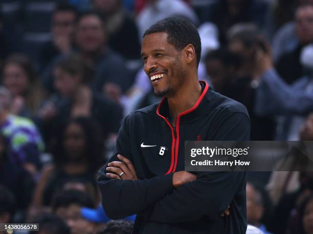 Head coach Stephen Silas of the Houston Rockets laughs during a 95-93 Clipper win over the Houston Rockets at Crypto.com Arena on October 31, 2022 in...