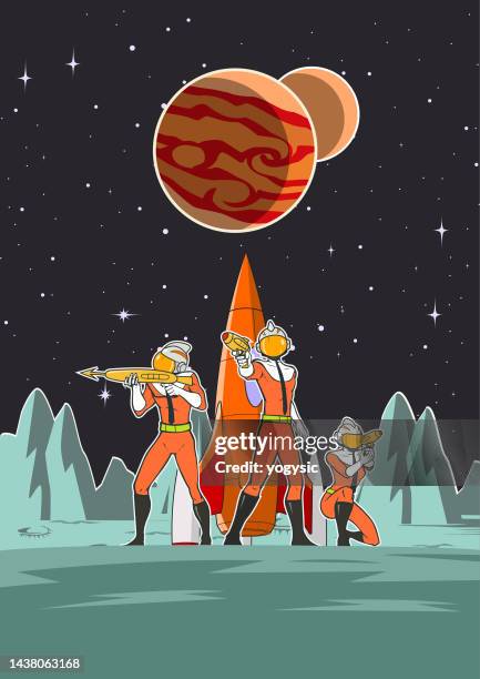 vector trio retro futuristic space astronaut soldiers on a moon surface posing with guns poster stock illustration - retro futurism space stock illustrations