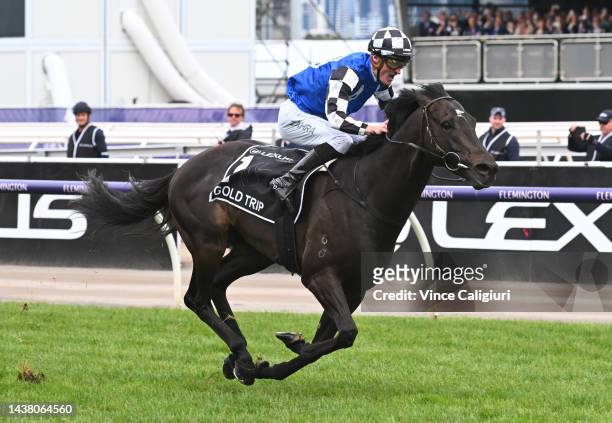Mark Zahra riding Gold Trip winning Race 7, the Lexus Melbourne Cup, during 2022 Lexus Melbourne Cup Day at Flemington Racecourse on November 01,...