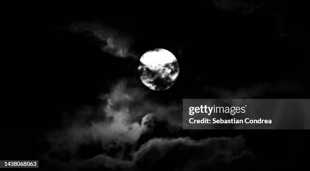 full moon rising behind the mountain, between trees, halloween backgrounds - sinful pleasures stock-fotos und bilder