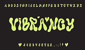 Psychedelic flux typeface abc. Hippie groovy Y2K font alphabet. Liquid bubble alphabet.