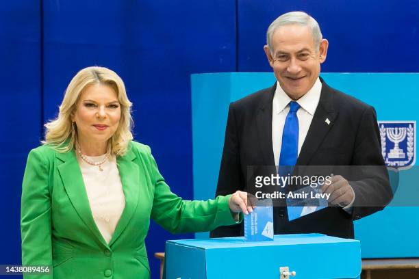 Former Israeli Prime Minister and Likud party leader Benjamin Netanyahu and his wife Sara Netanyahu cast their vote in the Israeli general election...