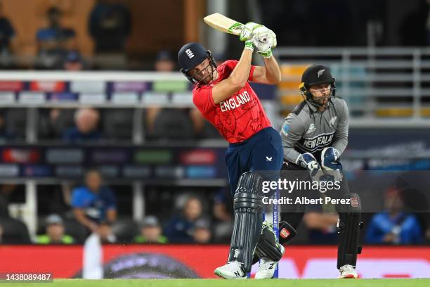 Jos Buttler of England bats during the ICC Men's T20 World Cup match between England and New Zealand at The Gabba on November 01, 2022 in Brisbane,...