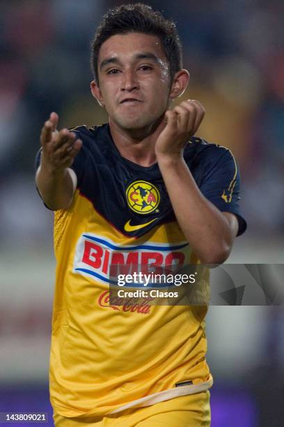 Christian Bermudez of America celebrates a goal during a match between Pachuca and America as part of the Torneo Clausura 2012 quarterfinals at...