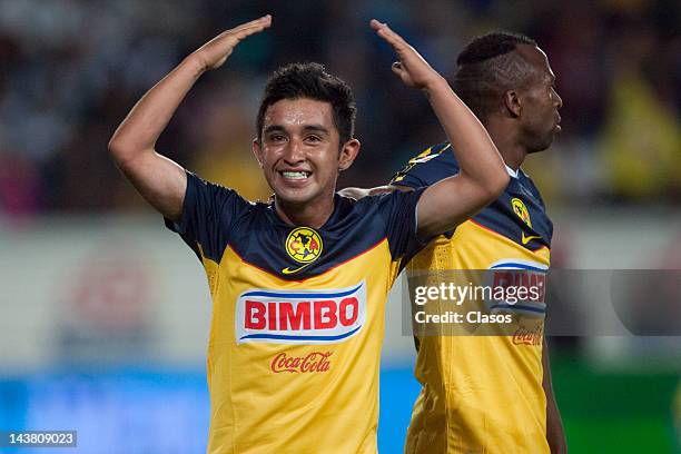 Christian Bermudez of America celebrates a goal during a match between Pachuca and America as part of the Torneo Clausura 2012 quarterfinals at...