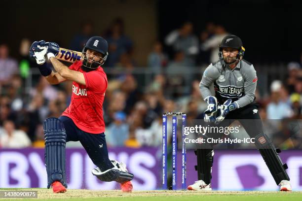 Moeen Ali of England bats during the ICC Men's T20 World Cup match between England and New Zealand at The Gabba on November 01, 2022 in Brisbane,...