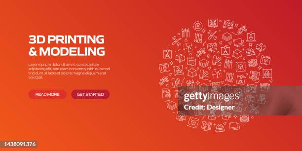 3d printing and modeling web banner with linear icons, trendy linear style vector - prototype model stock illustrations