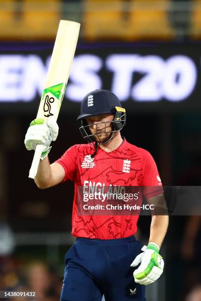 Jos Buttler of England celebrates after reaching their half century during the ICC Men's T20 World Cup match between England and New Zealand at The...