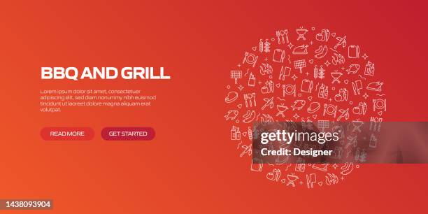 bbq and grill web banner with linear icons, trendy linear style vector - barbeque sauce stock illustrations