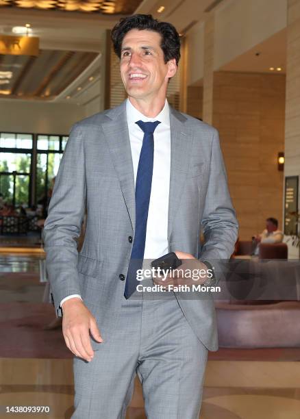 Andy Lee is seen leaving the Melbourne Cup Luncheon at Crown Towers on November 1 2022, in Perth, Australia.