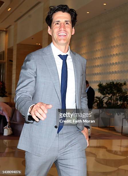Andy Lee is seen leaving the Melbourne Cup Luncheon at Crown Towers on November 1 2022, in Perth, Australia.
