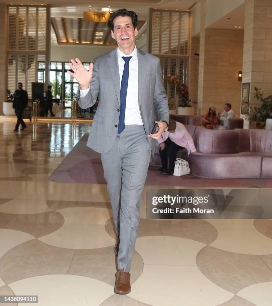 Andy Lee is seen leaving the Melbourne Cup Luncheon at Crown Towers on November 1 2022, in Perth, Australia.