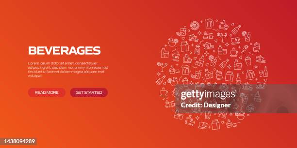 ilustraciones, imágenes clip art, dibujos animados e iconos de stock de beverages web banner con iconos lineales, vector de estilo lineal de moda - bar bottles background