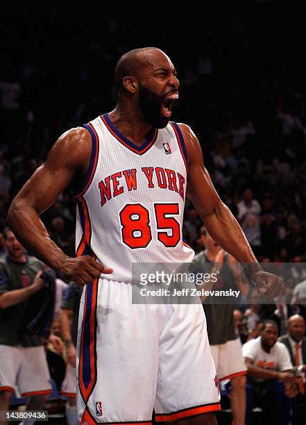 Baron Davis of the New York Knicks reacts after he was fouled as he made a 2-point basket in the second quarter against the Miami Heat in Game Three...