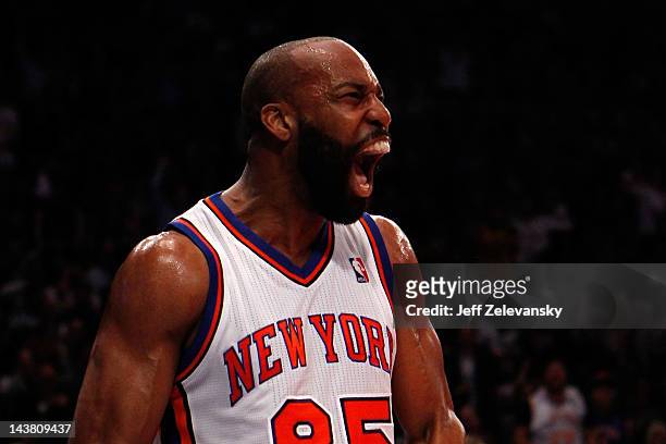 Baron Davis of the New York Knicks reacts after he was fouled as he made a 2-point basket in the second quarter against the Miami Heat in Game Three...