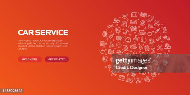 car service web banner with linear icons, trendy linear style vector - auto repair shop background stock illustrations