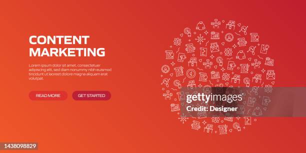 content marketing web banner with linear icons, trendy linear style vector - social media marketing stock illustrations