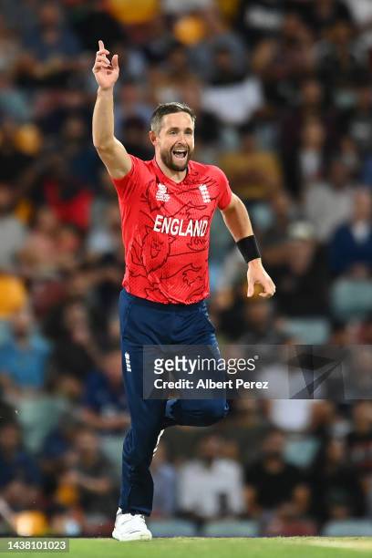 Chris Woakes of England celebrates dismissing Devon Conway of New Zealand during the ICC Men's T20 World Cup match between England and New Zealand at...