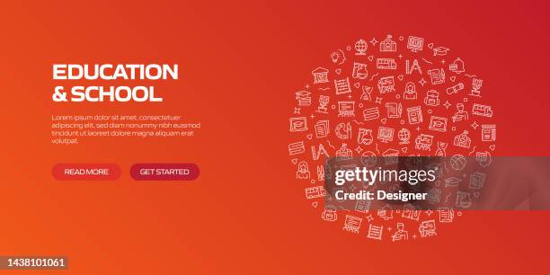 education and school web banner with linear icons, trendy linear style vector - kids certificate template stock illustrations