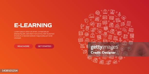 e-learning web banner with linear icons, trendy linear style vector - students learning computer programming stock illustrations
