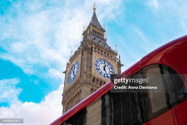 big ben and red double decker bus - millennium wheel stock pictures, royalty-free photos & images