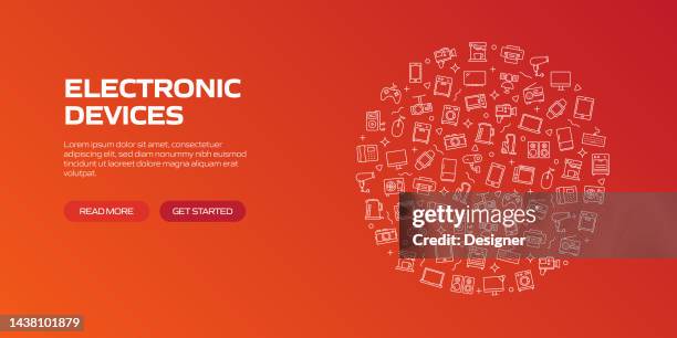 electronic devices web banner with linear icons, trendy linear style vector - pc gaming background stock illustrations