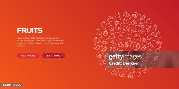 fruits web banner with linear icons, trendy linear style vector - mango drink stock illustrations