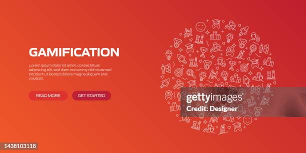 ilustrações, clipart, desenhos animados e ícones de gamification web banner com ícones lineares, vetor de estilo linear da moda - ludificação