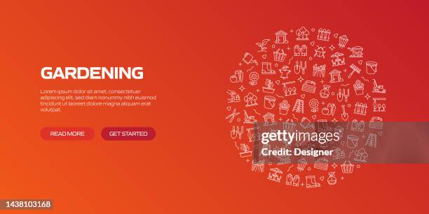 gardening web banner with linear icons, trendy linear style vector - sprinkler system stock illustrations