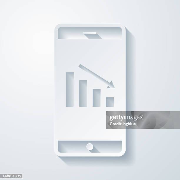 decreasing chart on smartphone. icon with paper cut effect on blank background - smash computer stock illustrations