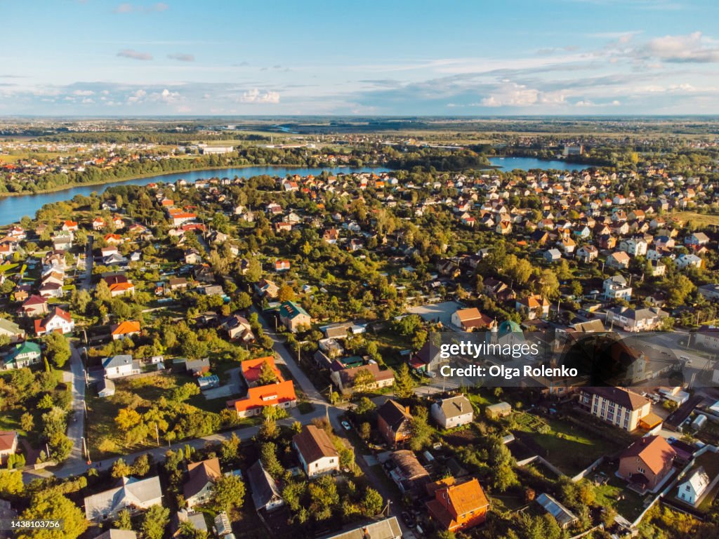Population explosion problem. Drone aerial view of urban city area