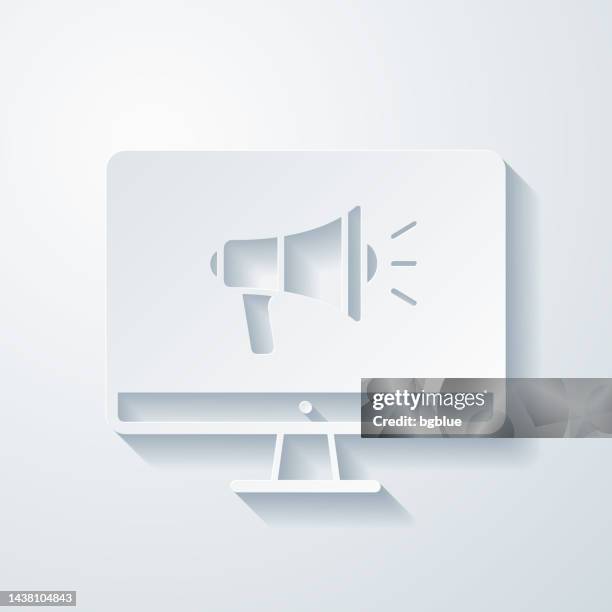 desktop computer with megaphone. icon with paper cut effect on blank background - pop up ad icon stock illustrations