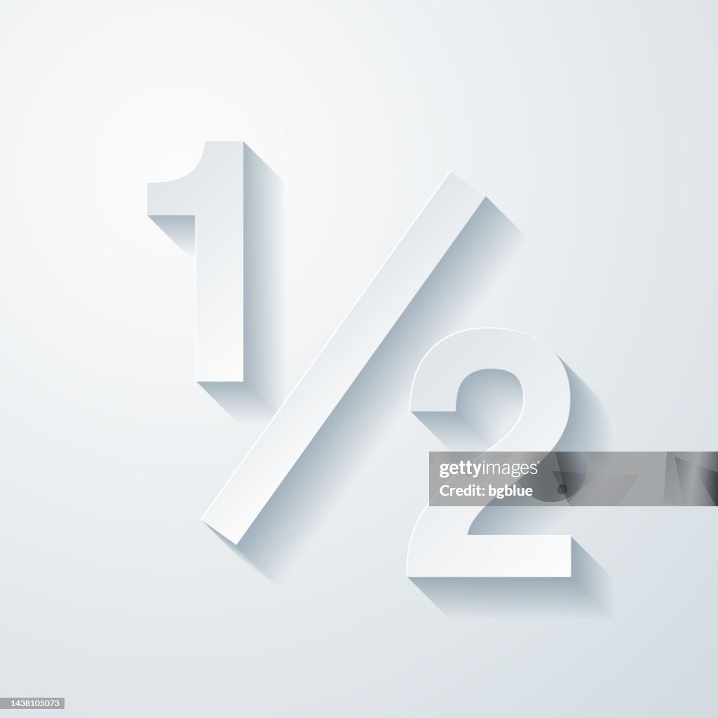 1 out of 2 - One half. Icon with paper cut effect on blank background