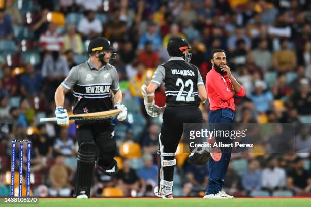 Adil Rashid of England reacts during the ICC Men's T20 World Cup match between England and New Zealand at The Gabba on November 01, 2022 in Brisbane,...
