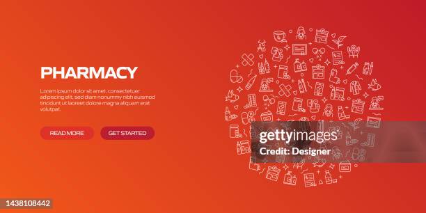 pharmacy web banner with linear icons, trendy linear style vector - chemist stock illustrations