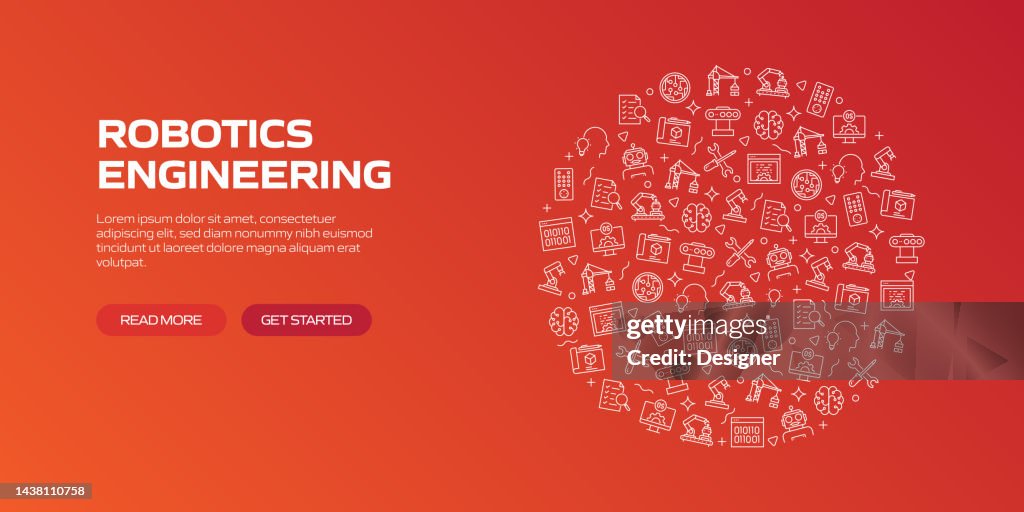 ROBOTICS ENGINEERING Web Banner with Linear Icons, Trendy Linear Style Vector
