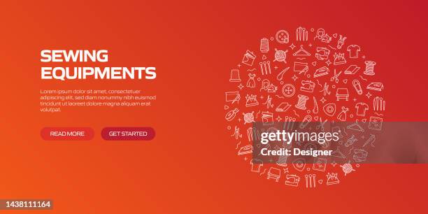 sewing web banner with linear icons, trendy linear style vector - tailoring stock illustrations