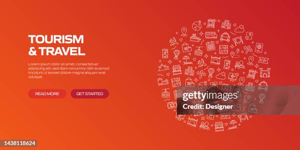 tourism and travel web banner with linear icons, trendy linear style vector - backpack city stock illustrations