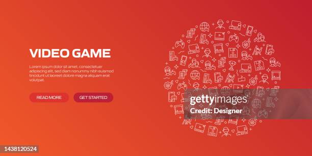 video game web banner with linear icons, trendy linear style vector - gamification stock illustrations