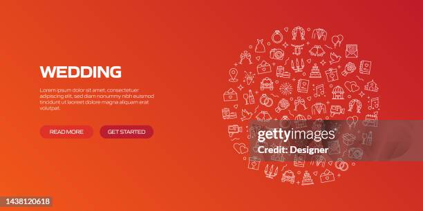 wedding web banner with linear icons, trendy linear style vector - outdoor wedding stock illustrations