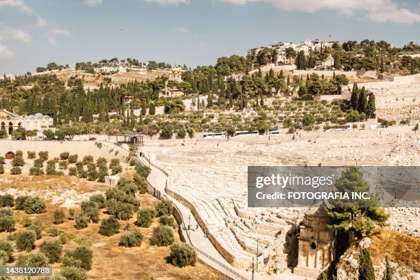 monte de los olivos vista en el paisaje de la ciudad de jerusalén - monte de los olivos fotografías e imágenes de stock