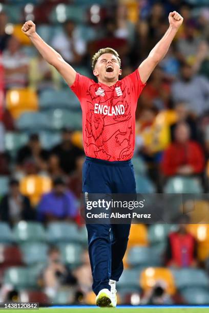 Sam Curran of England celebrates victory during the ICC Men's T20 World Cup match between England and New Zealand at The Gabba on November 01, 2022...