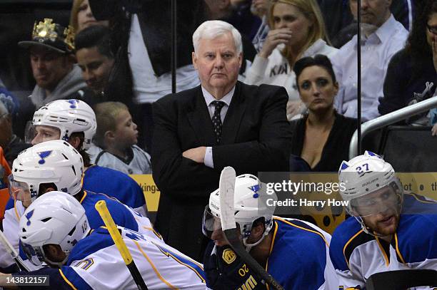 Head coach Ken Hitchcock of the St. Louis Blues looks on in the second period against the Los Angeles Kings in Game Three of the Western Conference...