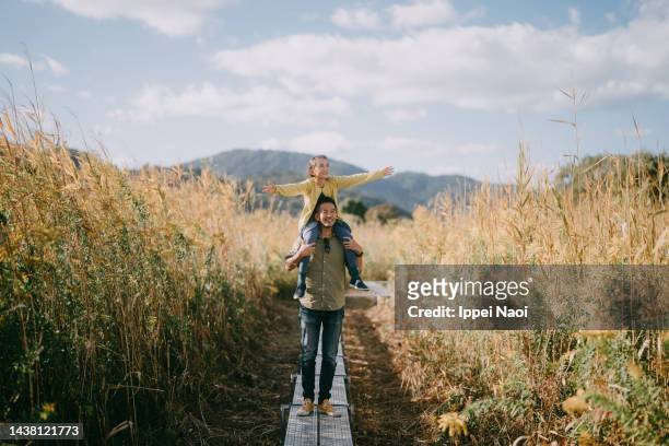 father carrying child on shoulders in autumn - mann mit kind auf den schultern stock-fotos und bilder